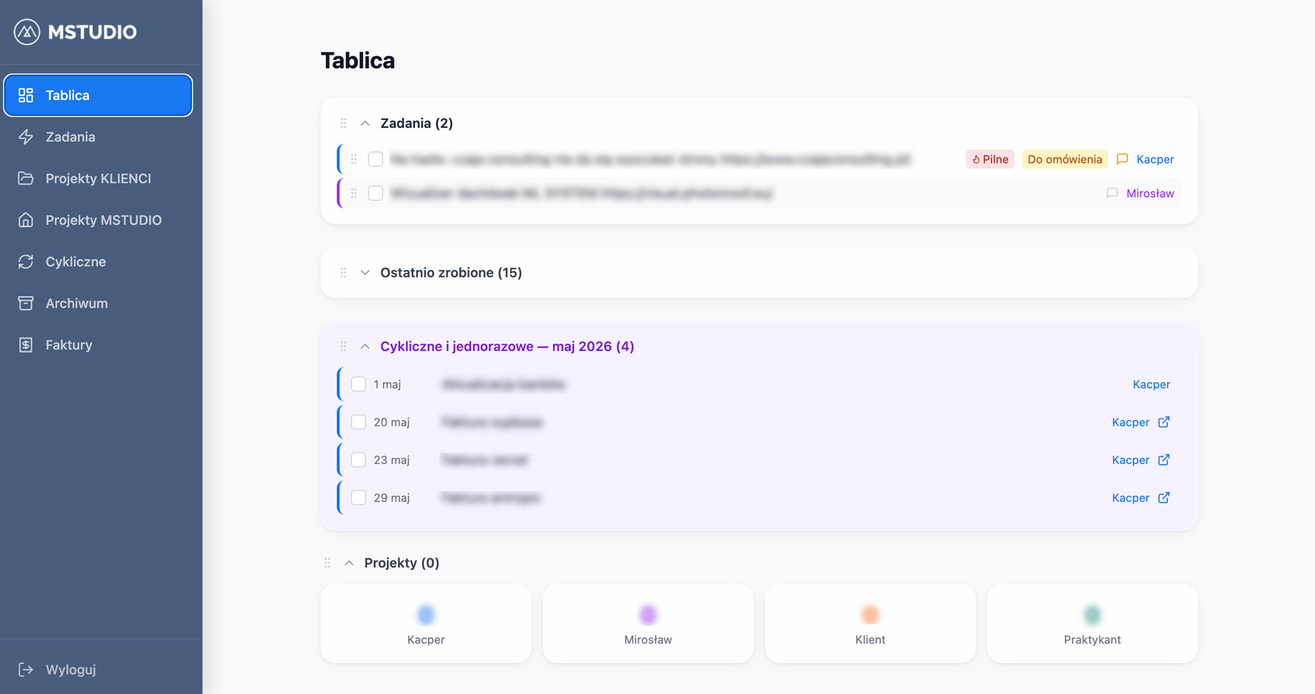 Widok zwijany per klient + dashboard dzienny