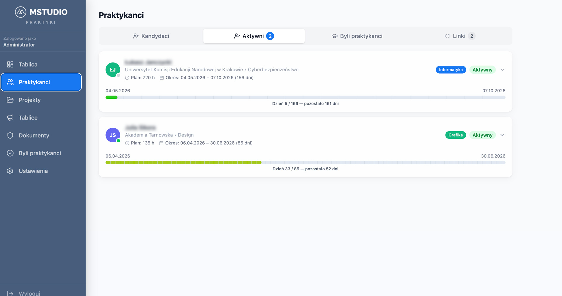 Praktyki MSTUDIO — kanban + materiały