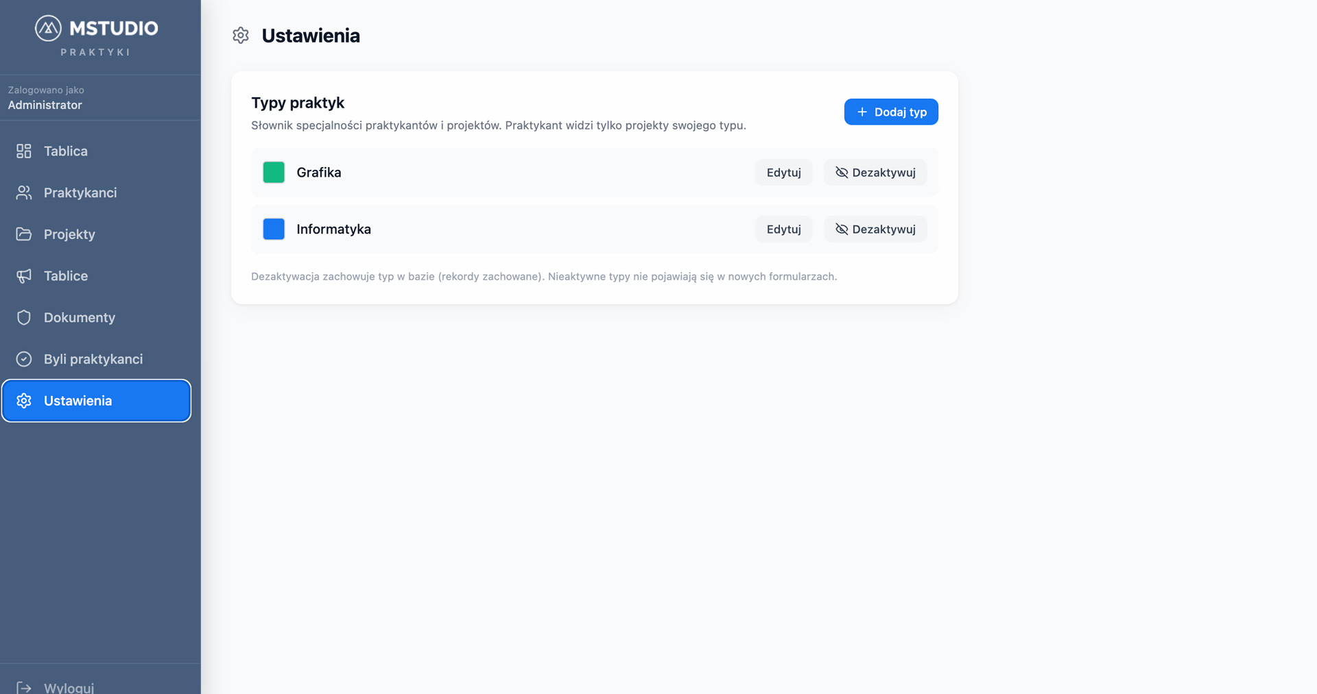 Admin — Ustawienia rodzajów praktyk